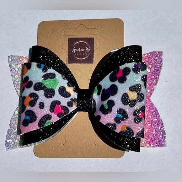 Other - Boutique Custom Made Faux Leather Animal Print with Black Glitter Hair Bow